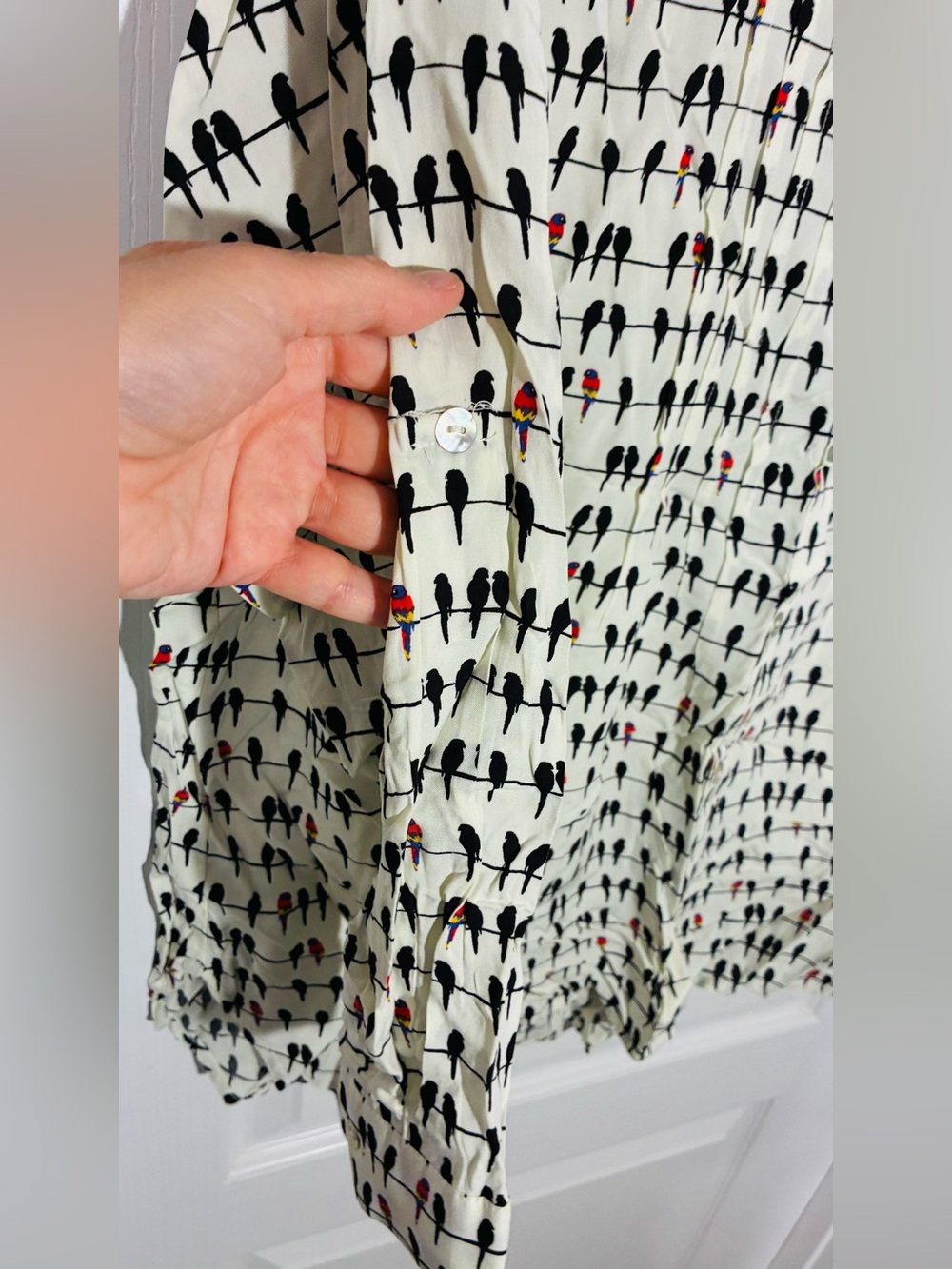 Jane And Delancey Bird on Wire Print Roll Tab Button Front Blouse Ivory Size 2X - Picture 3 of 10